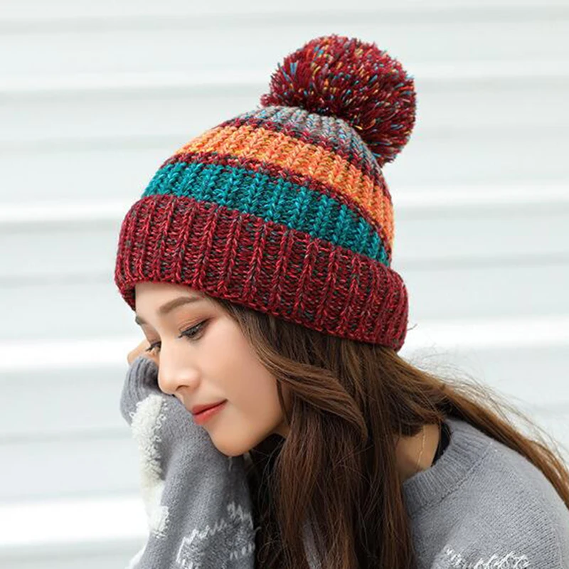 New Winter Hat For Women Ski Women\'s Cap Rainbow Colorful Wool Knitted Hat With Pompoms Female Warm Hat Skullies Beanies