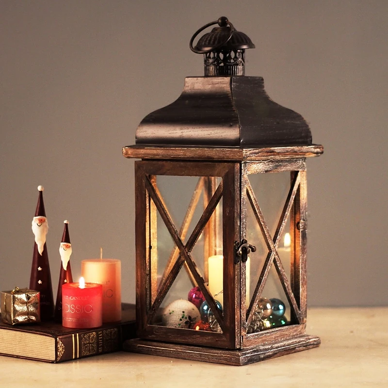 American Country Candle Holders Retro Wood Hurricane Lamp Lantern Wedding Hanging Candlestick Christmas Decoration Accessories