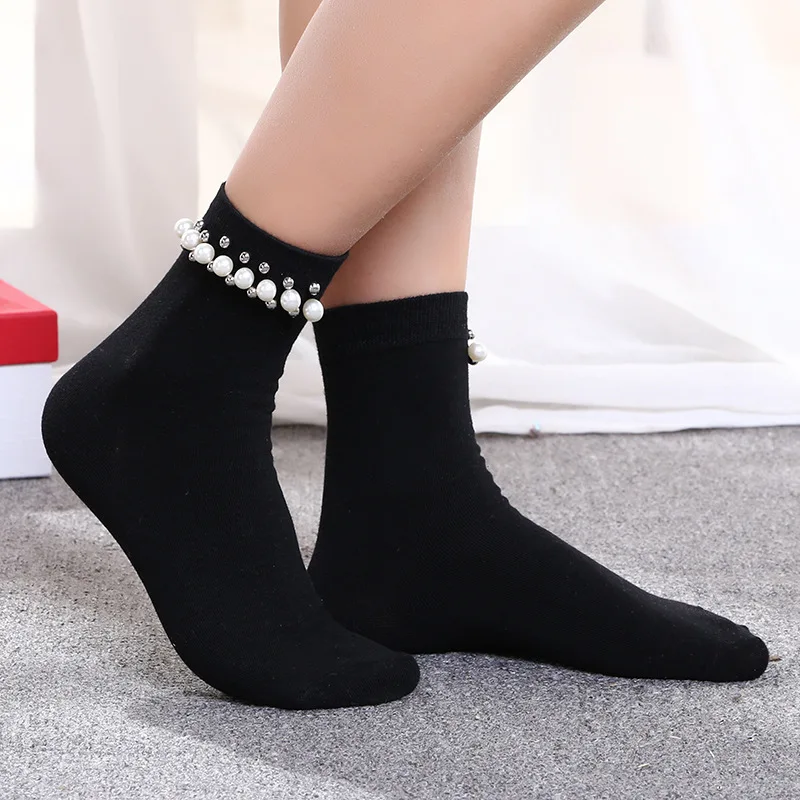 New Simulation Pearl Pure Color Simple Middle Tube Socks Korean Style Cotton Women Socks Wholesale 10pair/lot