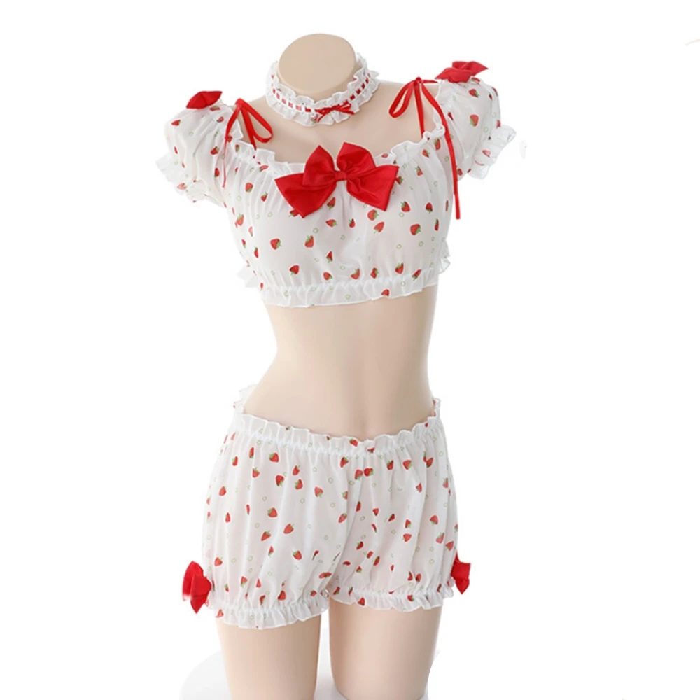 

Japanese Sexy Lingerie Womens Girl Cute Cosplay Hot Bandage Erotic Costumes Sleepwear Kawaii Strawberry 3 Piece Set Pajamas