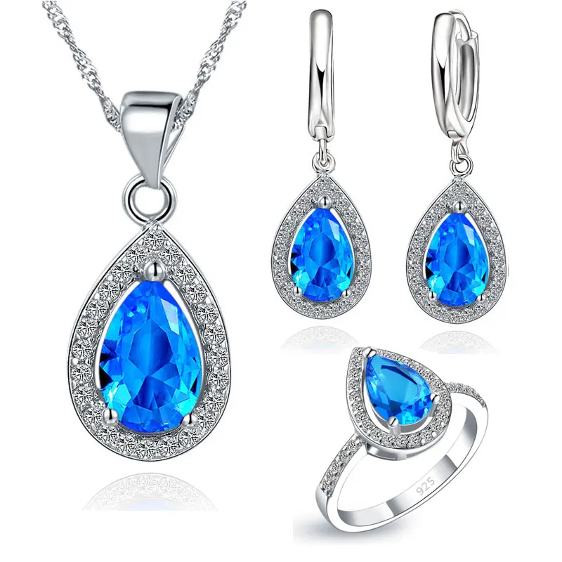 Classic Wedding Jewelry Sets Water Drop With Shiny Cubic Zirconia 925 Sterling Silver Earrings Necklaces Finger Rings Set