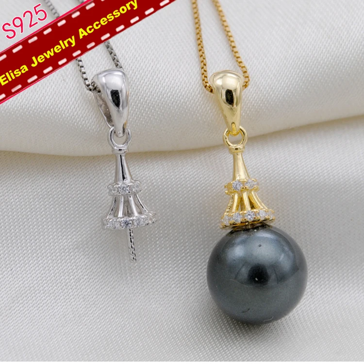 

S925 Sterling Silver Pearl Pendant Holder Women DIY Pendant Findings&Components Silver&Gold Color 3Pieces/Lot