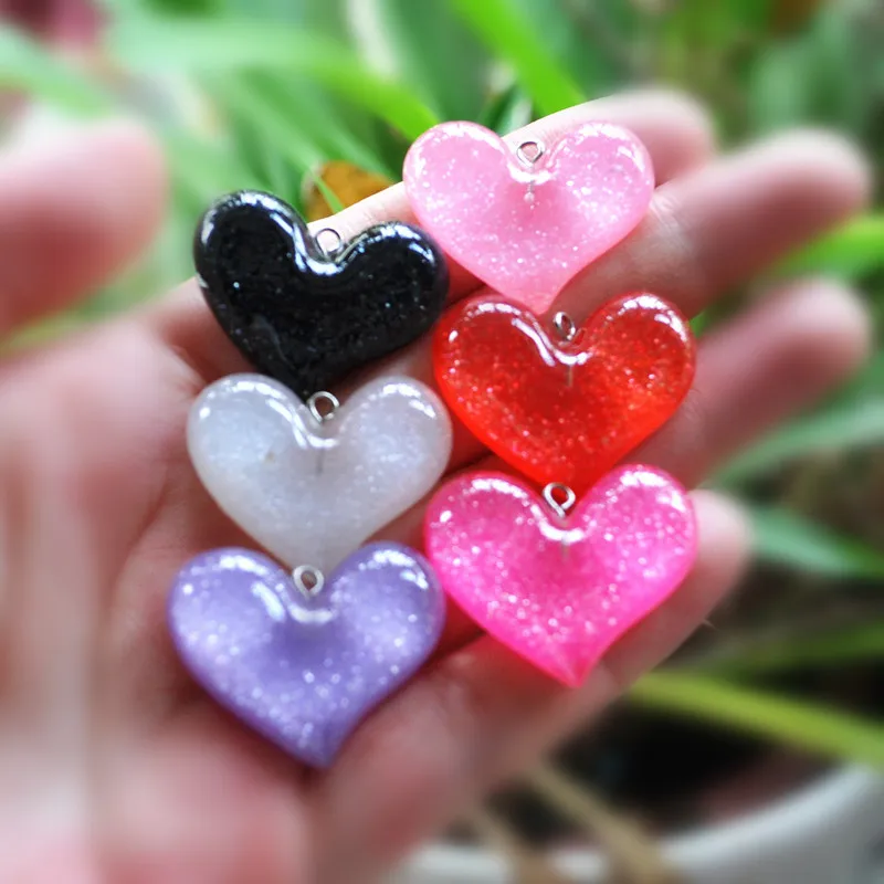 18 Pcs Glitter Heart Necklace Charms  Keychain Pendant  For DIY Decoration