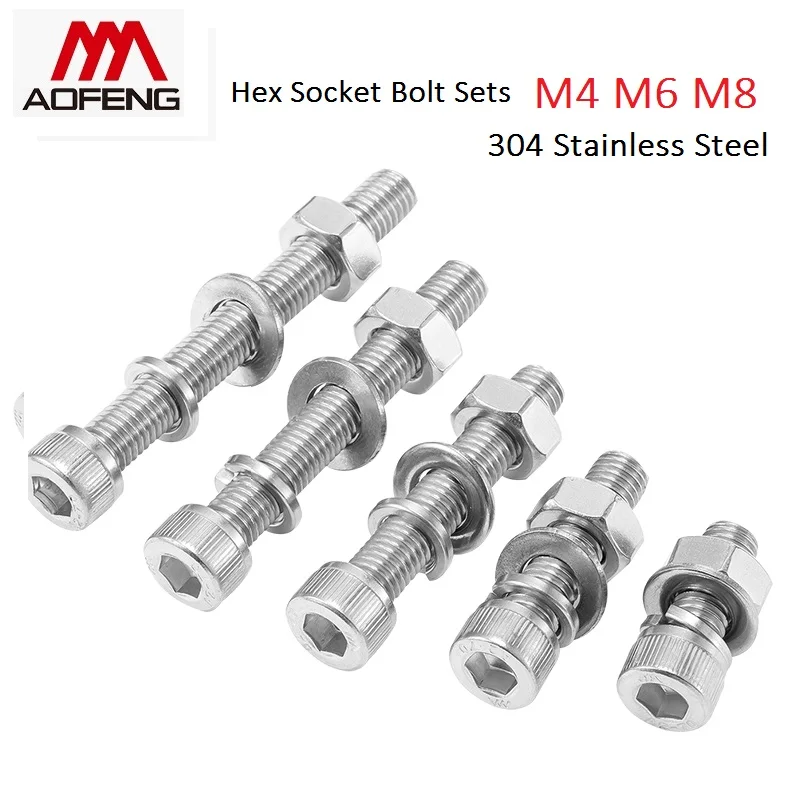 304 Stainless Steel Hex Socket Bolts Sets M4 M6 M8 X 6 8 10 12 16 20 25 30 40 45 50mm Long Hex Socket Screw with Nut and Washers