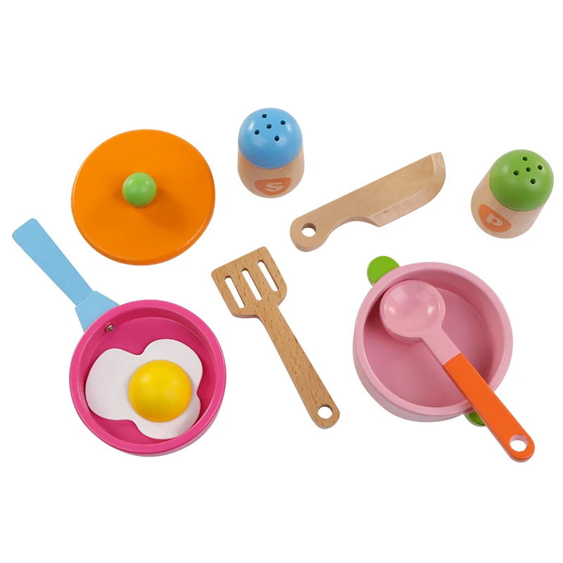 Logwood 8pcs Wooden Children Kitchen Simulation Cookware Toys Pot Tray  Education kids Food Toys  Girls Gifts