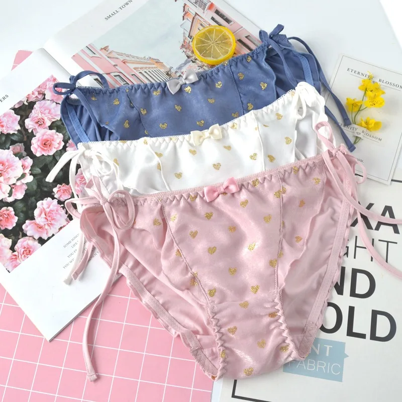 New Heart Print Milk Silk Women Panties Lacing Sexy Bandage Cute Lovely Sweet Girl Underwear Ruffle Japanese Style Female Breifs