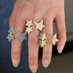 adjustable size Hip Hop Five Star Rings woMen's Gold Silver Color multicolored Cubic Zircon Jewelry Ring Gifts