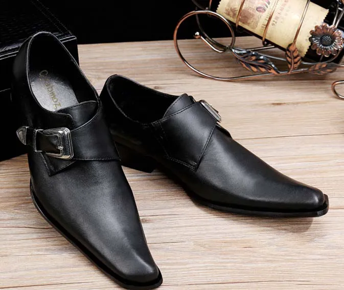 Fashion Genuine Leather Metal Buckle Men\'s Dress Shoes Formal Wedding Office Man Black Pointed Toe Business Luxury Shoes 38-46