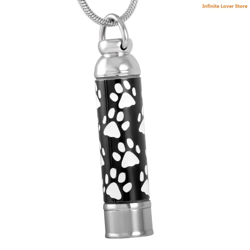 IJD8376 White Paw Print Cylinder Keepsake Pendant Hold Dog/Cat Ashes After Cremation Pet Ashes Jewelry