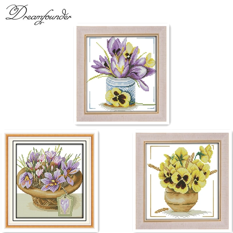 Small pot crocus cross stitch kit aida 14ct 11ct count print canvas stitches embroidery DIY handmade needlework