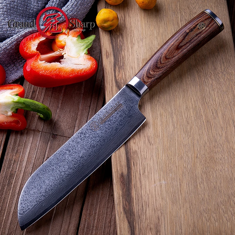 Grandsharp 6.7 Inch Santoku Knife 67 Layers Japanese Kitchen Knife AUS-10 Damascus Steel Chef's Cooking Knives Pakka Wood Handle