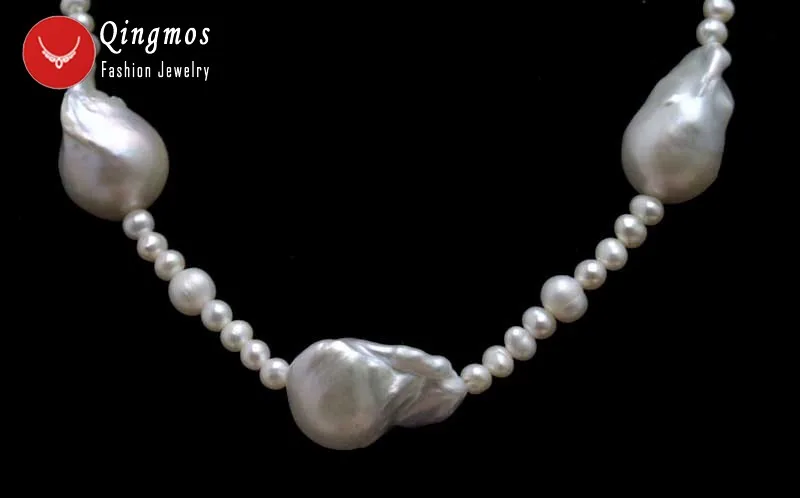 Qingmos Natural Pearl Necklace for Women with White 4-5mm Round Pearl & 14*25mm Baroque Nuclear Pearl Necklace Jewelry nec6342