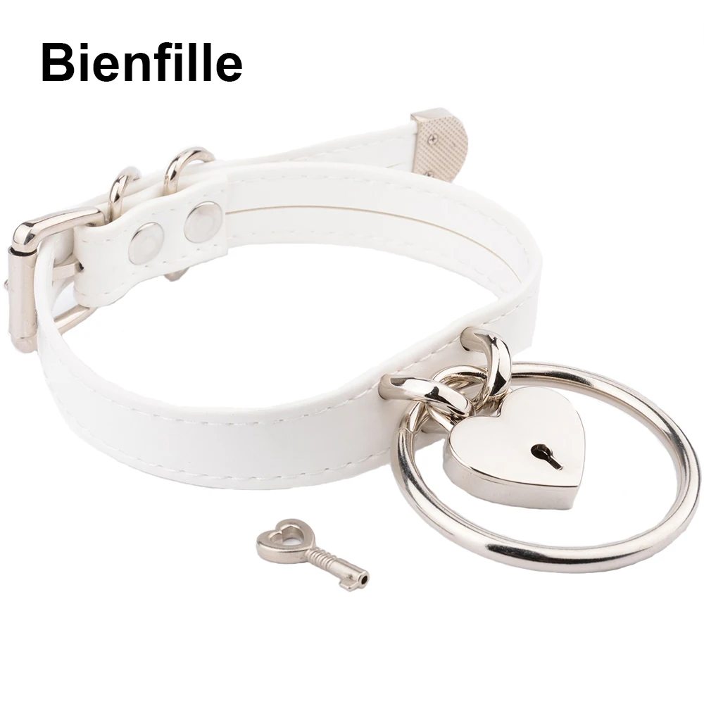 Designed Sexy Unique Choker Gold Metal Padlock Heart Lock Hanging O Round Sub Fetish Collar BDSM White PU Leather Collars