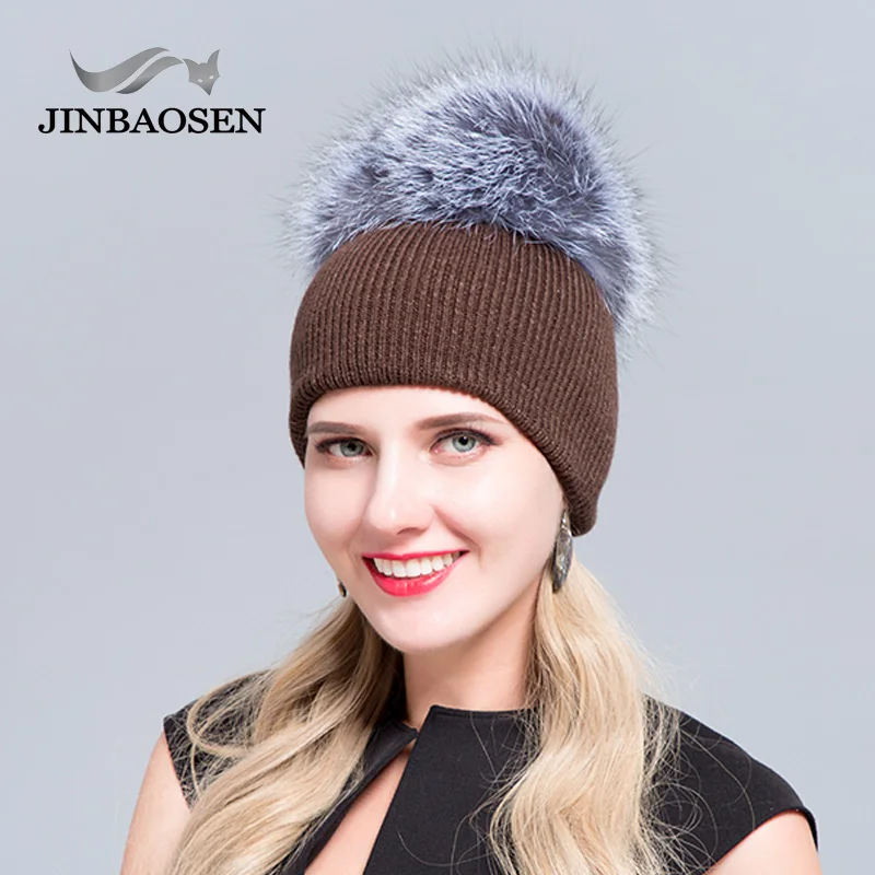 JINBAOSEN  Fur Hat Winter Warm Ear Protective Leather Hat Fox Hair Ball Raccoon Hair Hat Cover Women\'s Ski Cap