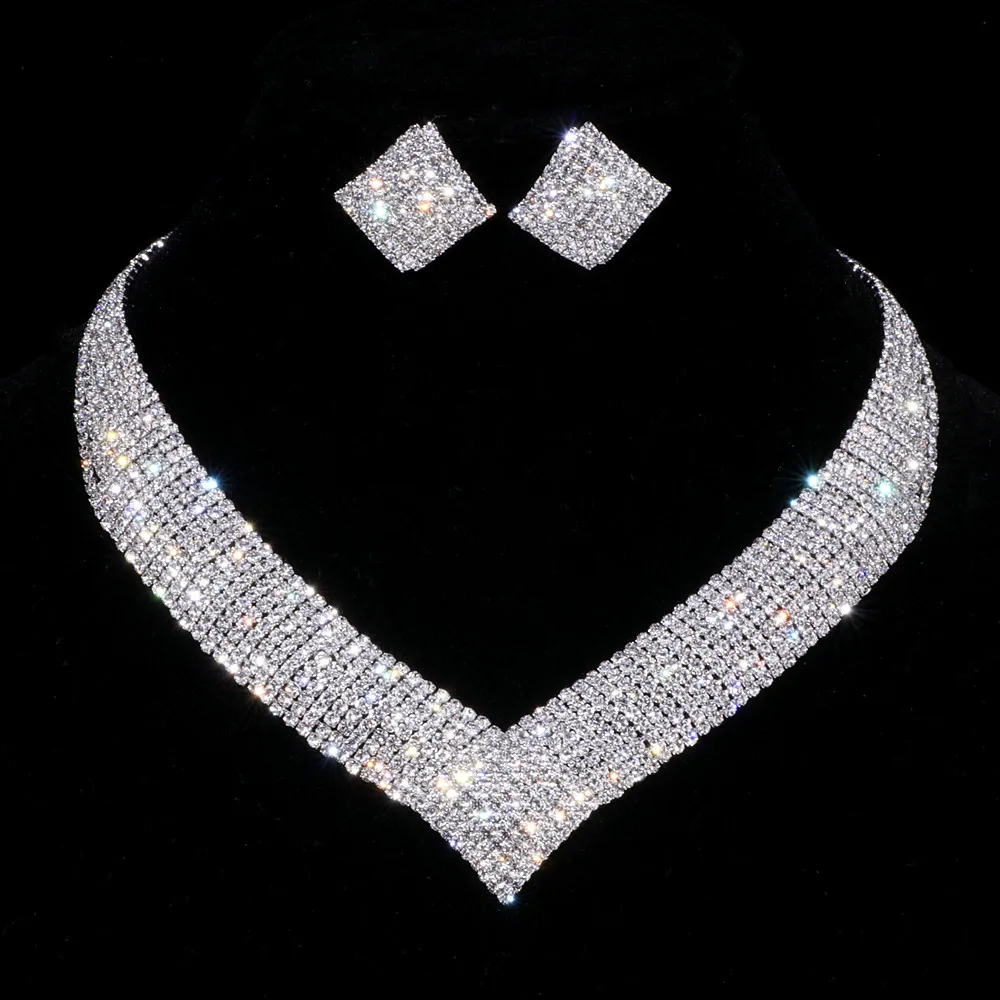 2023 New Luxury Classic Crystal Wedding Jewelry Sets for Women Clear Geometric Rhinestone Necklace Set Bridal Engagement Jewelry
