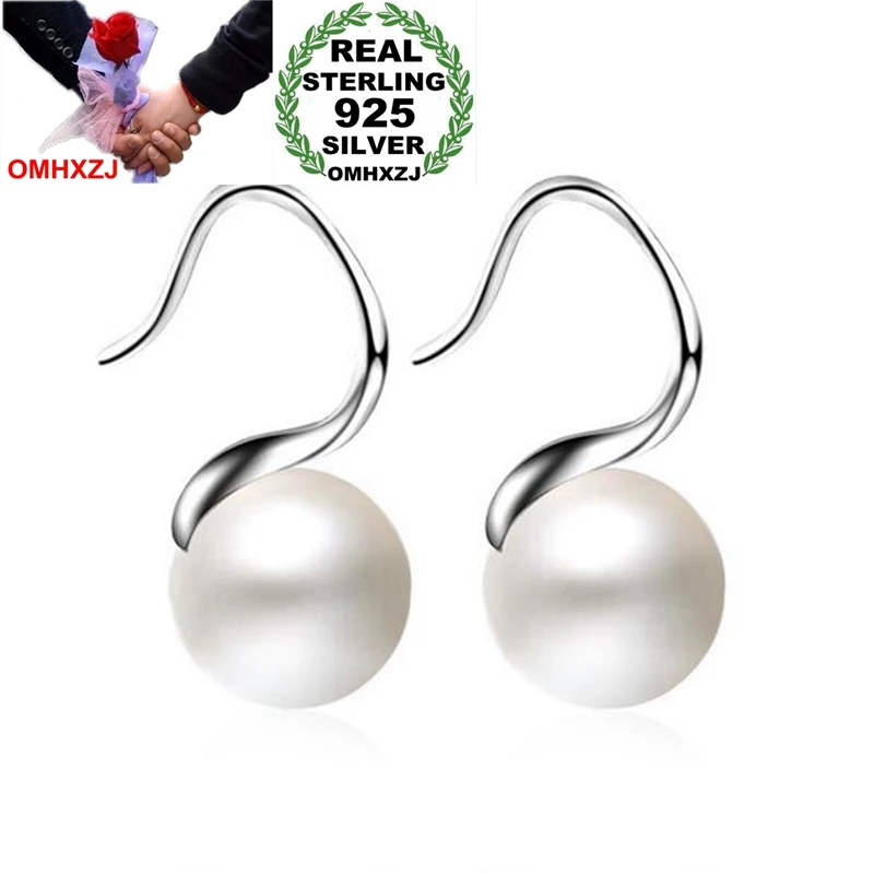 OMHXZJ Wholesale Jewelry Simple fashion joker Trend for Woman gift temperament Pearl 925 Sterling Silver Hoop Earrings YS205