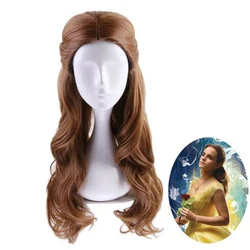 Beauty and the Beast Princess Belle wig Cosplay Costume Women Long Wavy Synthetic Hair Halloween Party Role Play wigs +Wig Cap