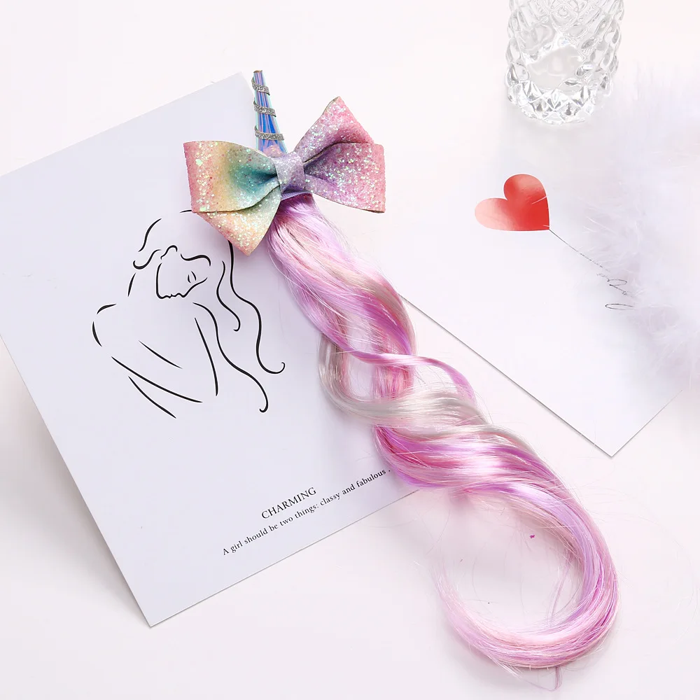 

Boutique ins 5pcs Fashion Cute Glitter gradient Rainbow Color Bow Unicorn Hairpins Wigs Horse Hair Clips Princess Party Headwear