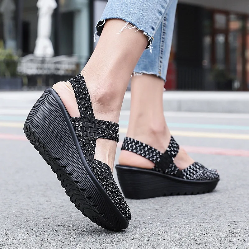 2025 Summer Sandals Womens Shoes Casual Breath Woven Wedges Shoes 6CM High Fashion Outside Sandals Female Slipper Black 35-41