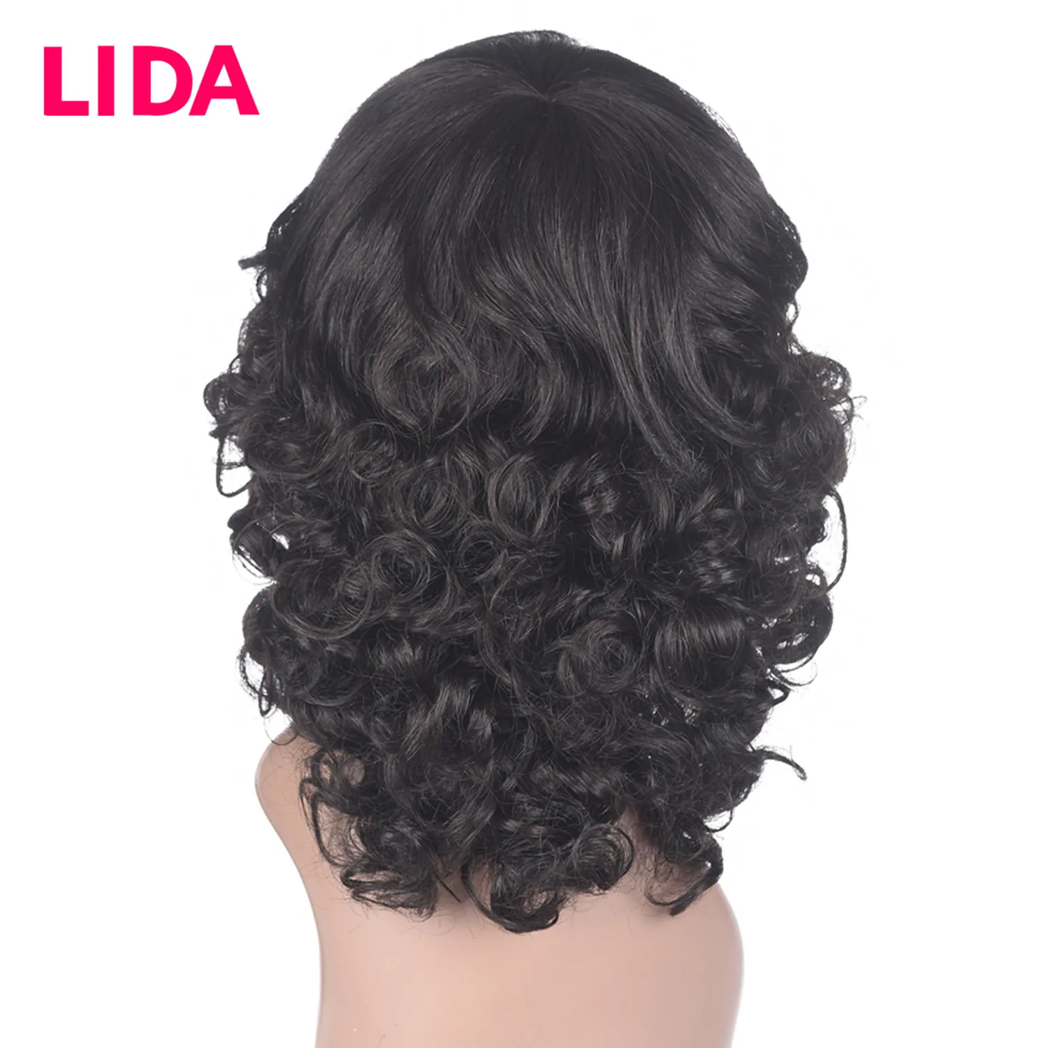 LIDA – perruque malaisienne Non Remy, cheveux naturels bouclés, haute densité 150%, longueur moyenne 12 pouces, fabriqués à la Machine