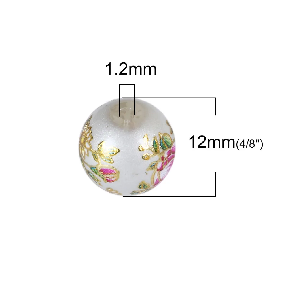 DoreenBeads Glass Painting Vintage Japanese Tensha Beads Round Rose Flower Pattern Imitation Pearl About 12mm( 4/8") Dia, 5 pcs