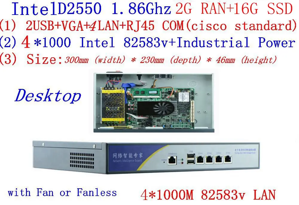 

With 2G RAM 16G SSD firewall server atom D2550 1.86G 4*intel PCI-E 1000M 82583v Lan support Panabit Wayos ROS Mikrotik PFSense