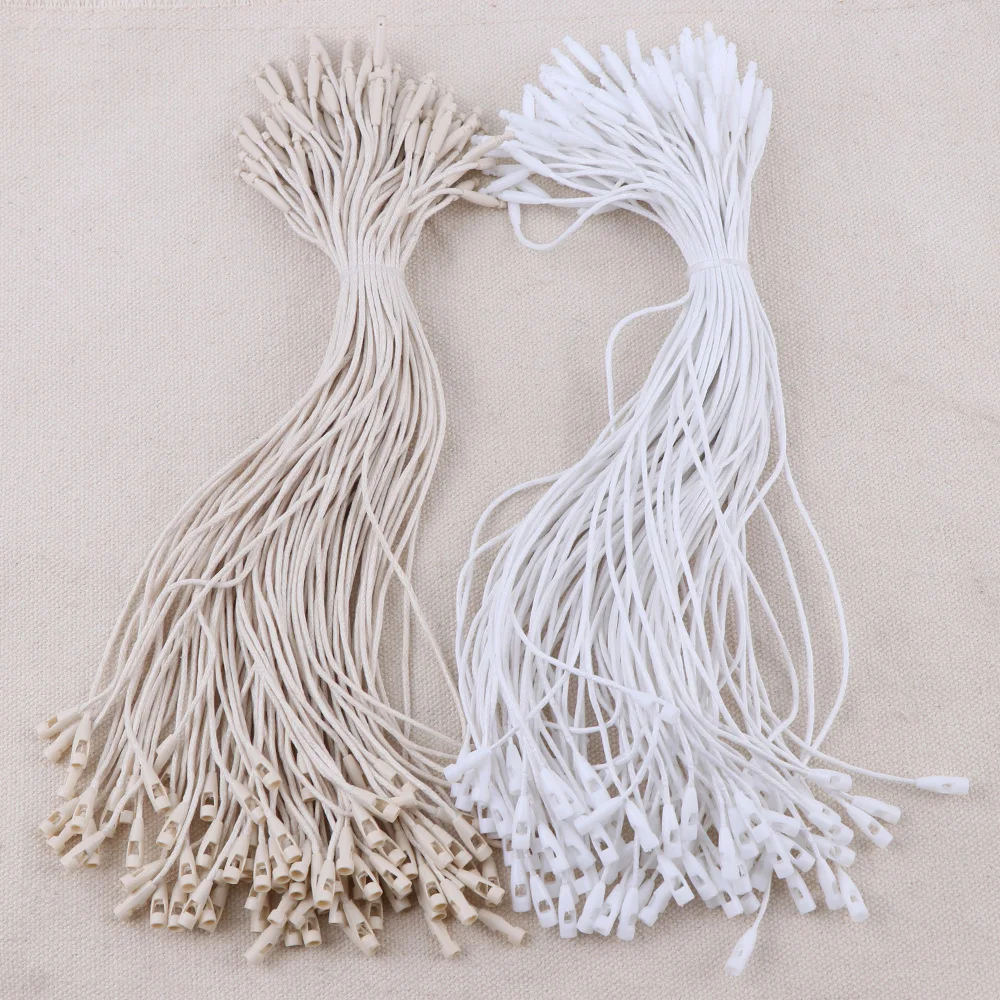 100 Pz/lotto di Plastica Linea di Cera Tag Bianco Beige Modifica di Caduta Corda In Poliestere String Chiusura A Scatto Spille Loop Tie Elementi di