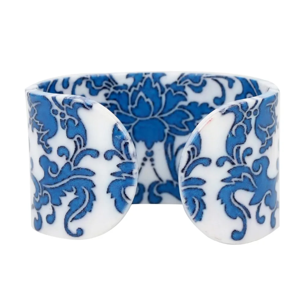 Bonsny Plastic Chinese Blue And White Porcelain Pattern Bangles Bracelets Fashion Ethnic Jewelry For Women Girl Ladies Gift Bulk