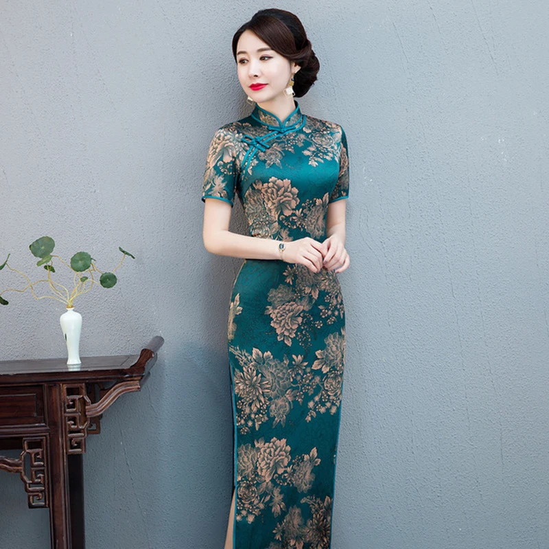 Novelty Clothes Female Satin Long Evening Cheongsam Chinese Women's Qipao Sexy Print Flower Dresses Vintage Button ZAYS520