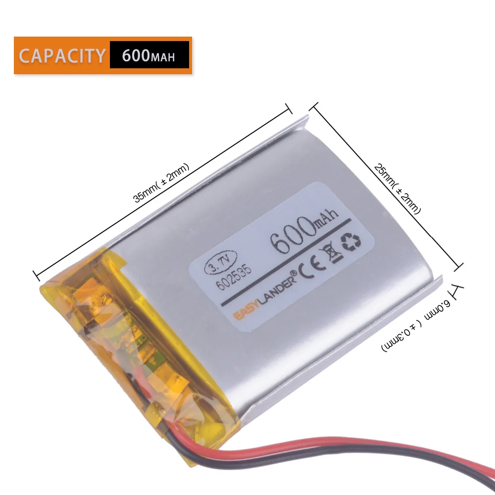 3.7V 600mAh 602535   MP3/MP4/ゲームプレーヤーマウスGPSスピーカー用充電式リチウムポリマーバッテリー 062535   DOD LS460W