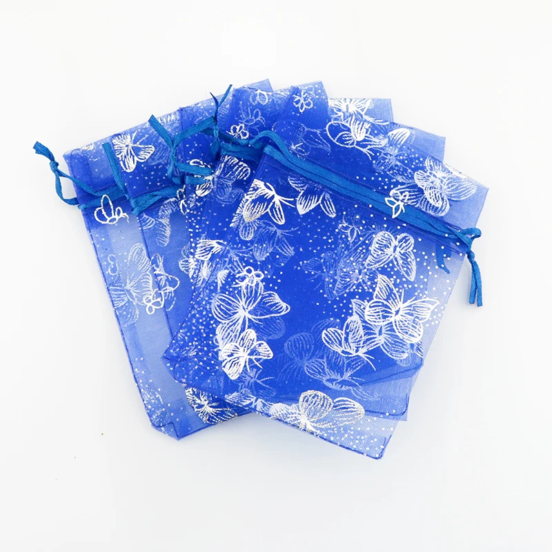 

Hot Sale 100pcs Small Royal Blue Organza Bag 9x12cm Butterfly Wedding Jewelry Pouch Bag Drawstring Bracelet Gift Packaging Bags