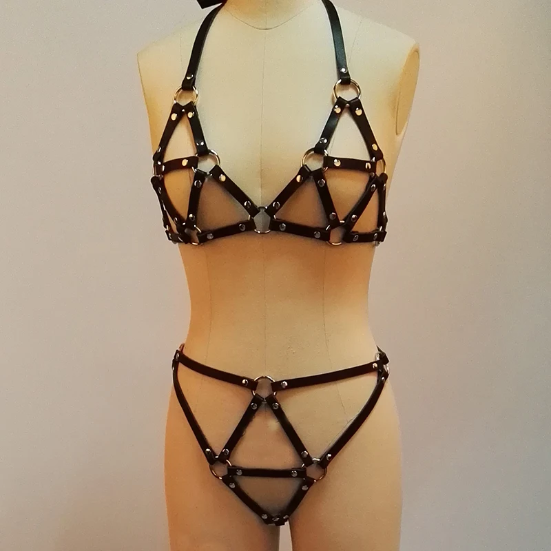 100% Handcrafted Women Sexy Leather Bra Bralet Sets Punk Gothic Bondage Leather Harness Frame Caged Belt Top Panty Thong