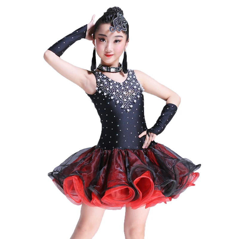 Neue stylel Mädchen Kinder Kinder Latin Rumba Salsa-tanz Kleid Sexy Sleeveless Rückseite Riemen Flauschige Diamant perle Rock Bühne Kleid