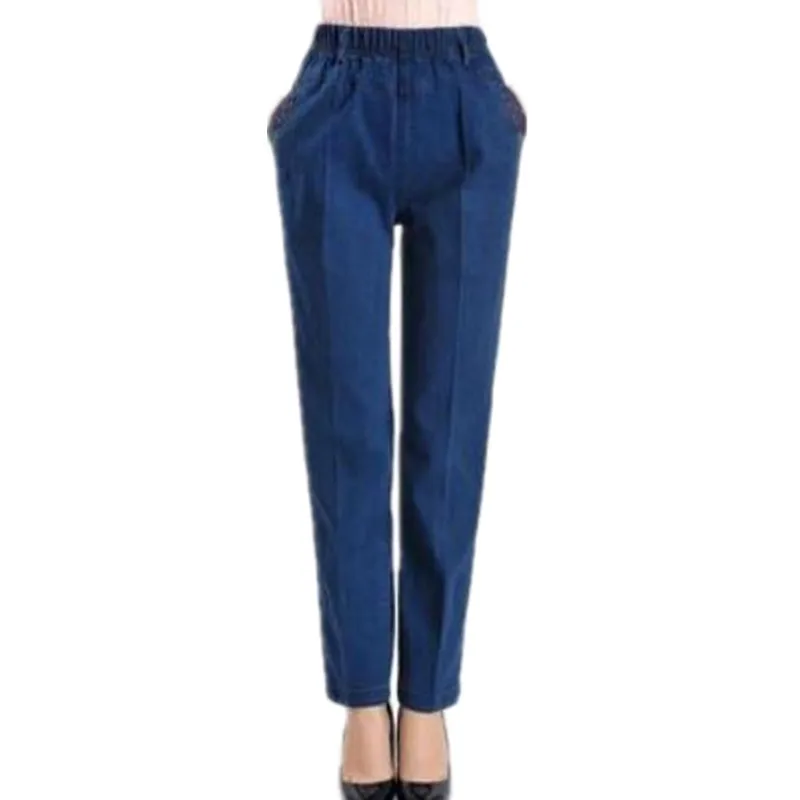 2022 New Spring and autumn elastic waist jeans female middle-aged women's straight trousers loose casual jeans AS807