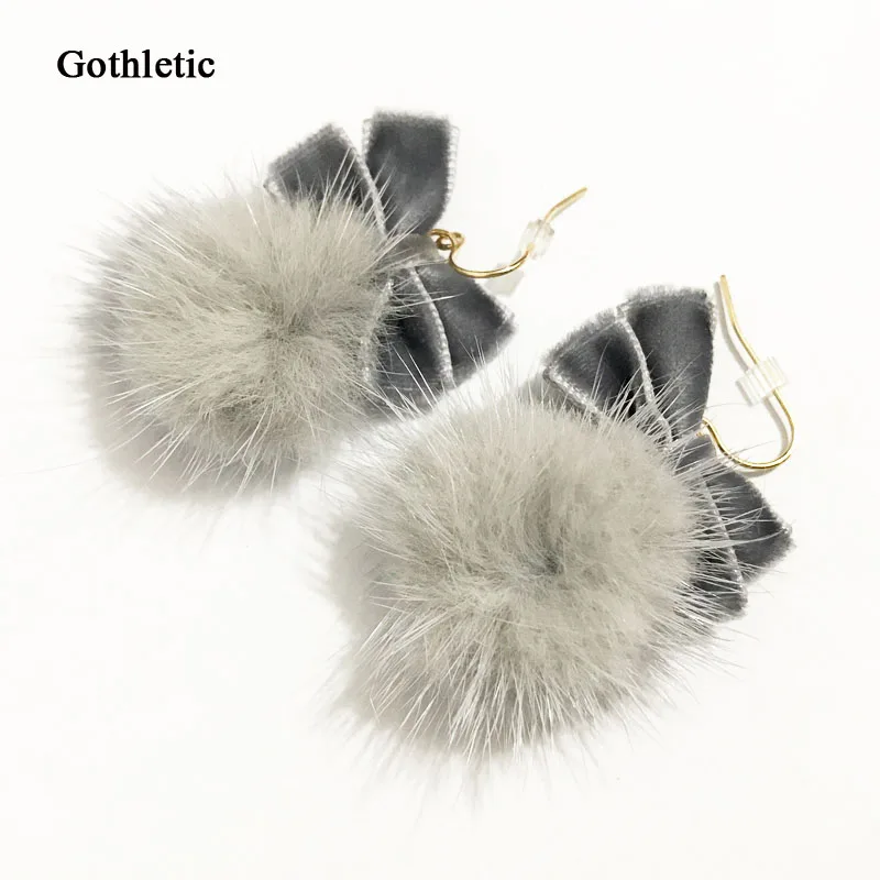 Gothletic Pink/Grey/Burgundy/White Real Mink Fur Ball Drop Earring Velvet Bow Pom Pom Earrings for Women Brinco Fashion Jewelry