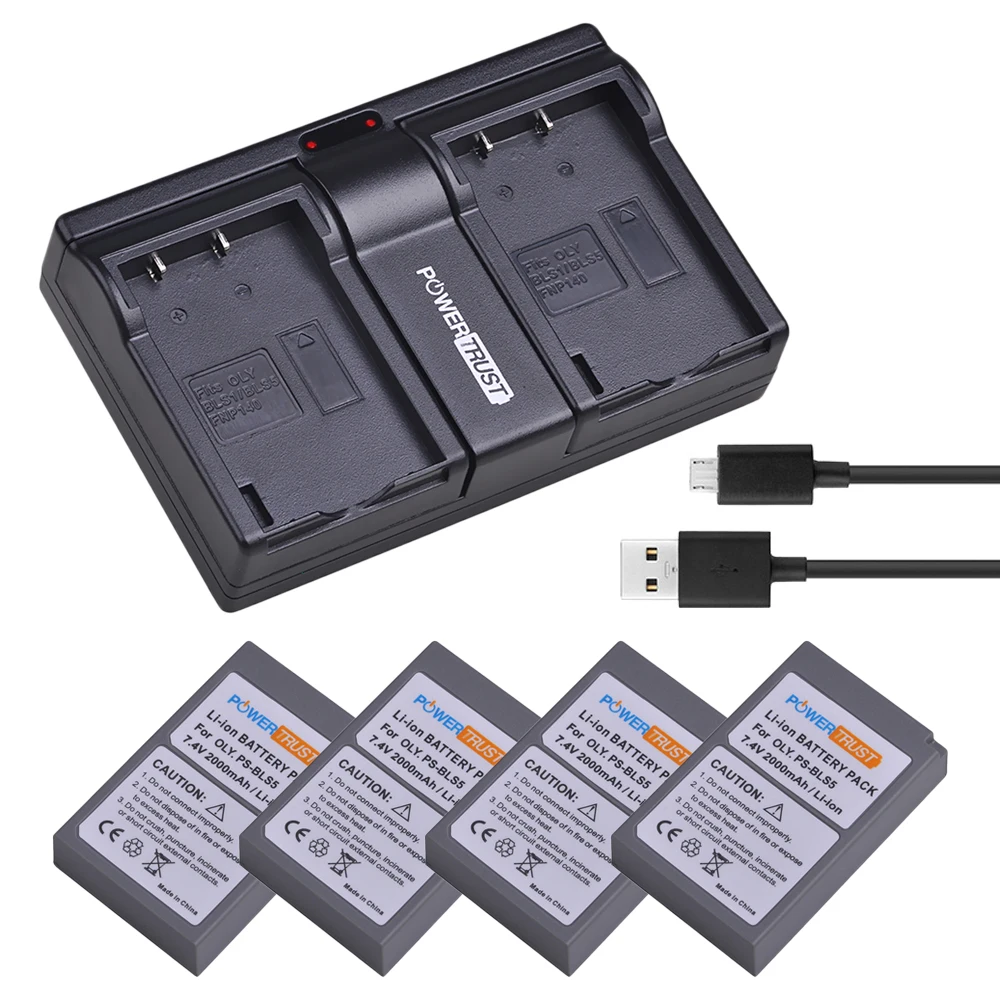 4x 2000mAh PS-BLS5 BLS-5 BLS5 BLS50 Battery + Dual Fast Charger for Olympus PEN E-PL2,E-PL5,E-PL6,E-PL7,E-PM2,E-M10,E-M10 II