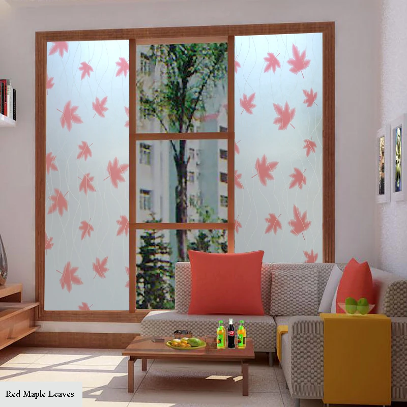 Self-Adhesive Decorative Window Film, Maple Leaf Scrub, Colorful Printing, Leaves Gluey Glass Film, Decorative Sticker 10m