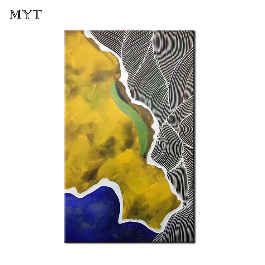 

Myt Original Design Yellow Blue Color Black And White Line Extrusion Design Oil Painting Canvas Wall Pictures For Living Room