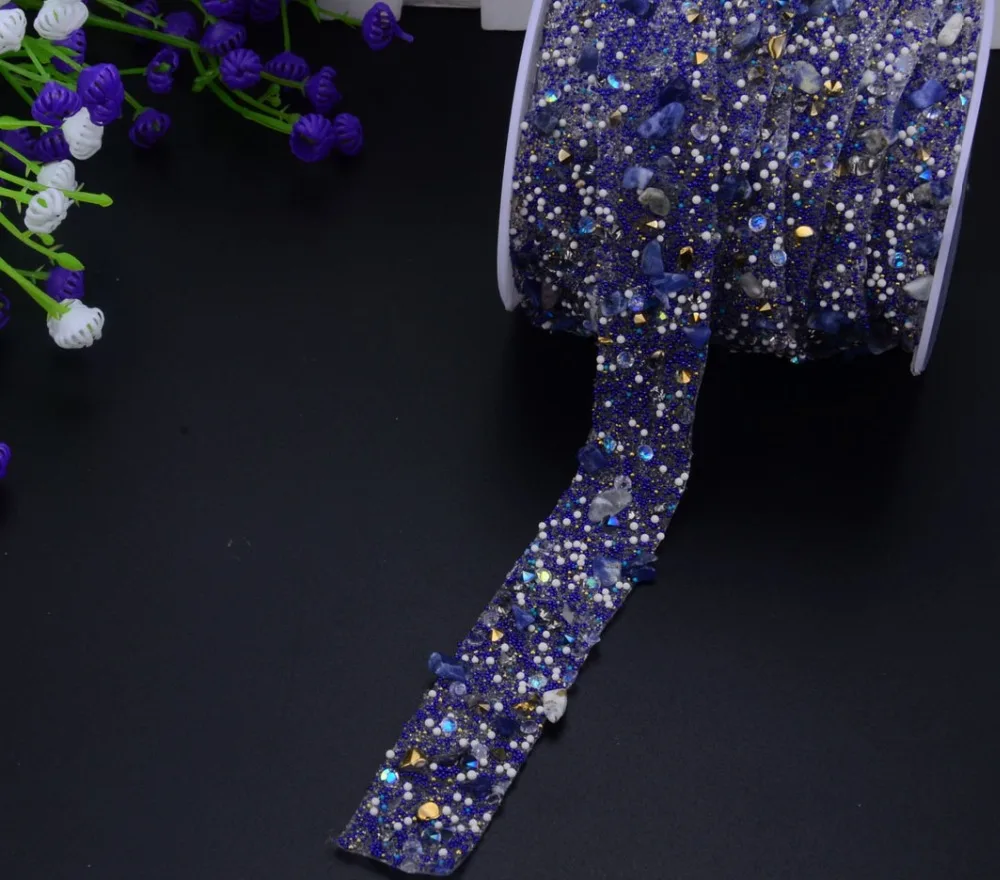 1 metr niebieski żwir kawior koraliki wstążka wykończenia poprawka Rhinestone Banding naprasowywane aplikacje do sukni kapelusze torby taśmy 2 Cm