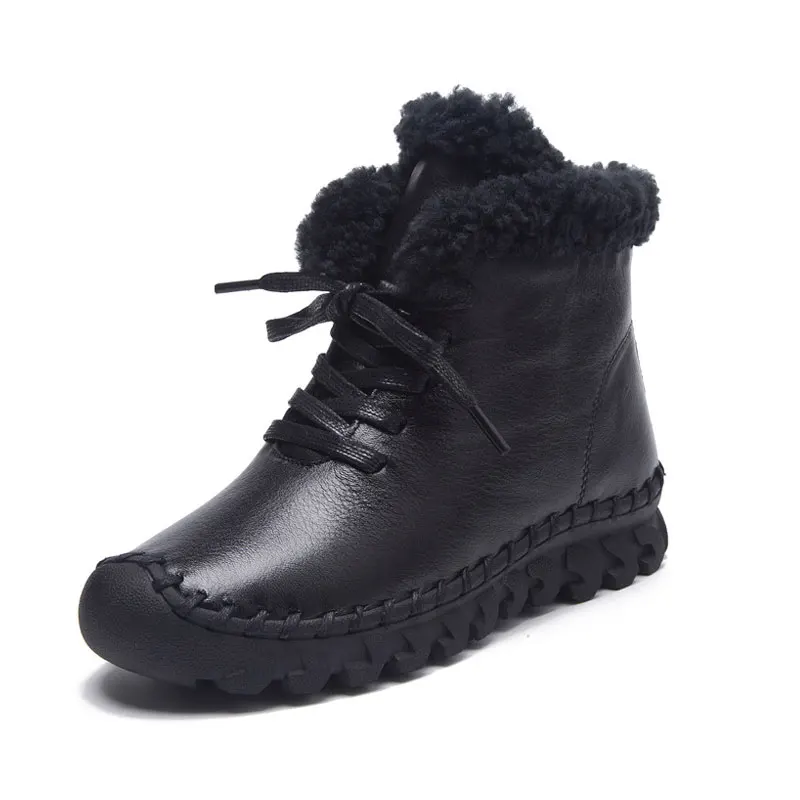 GKTINOO Winter Female Plus Velvet Genuine Leather Shoes Snow Platform Boots Women Thermal Cotton-padded Shoes Flat Ankle Boots