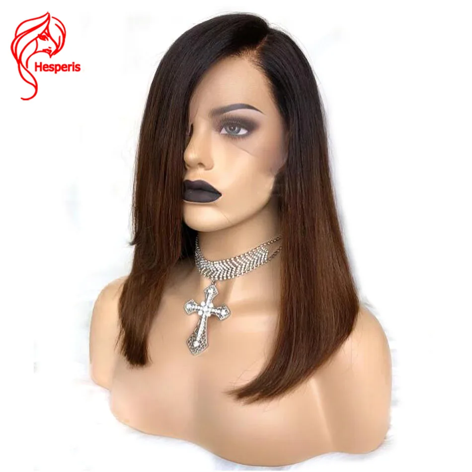 Hesperis Ombre Lace Front Human Hair Wig Bleached Knots Brazilian Remy Transparent Short Bob Cut Lace Wig Side Bangs For Women