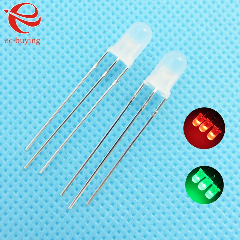 10 sztuk/partia F3 3mm LED Dwukolorowa Dioda LED z Rozproszonym Światłem Czerwono-Zielonym Szmaragdowym, Wspólna Anoda, Okrągła Dioda Emitująca Światło, Podwójna Matowa Dioda z Dwoma Wtykami, Zestaw DIY