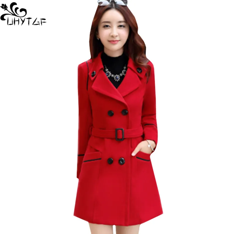 

UHYTGF Korean Winter Woman Wool Coat 2021Plus size Women Woolen Long Coat Female Autumn Fashion Double-Breasted Women Jacket 272