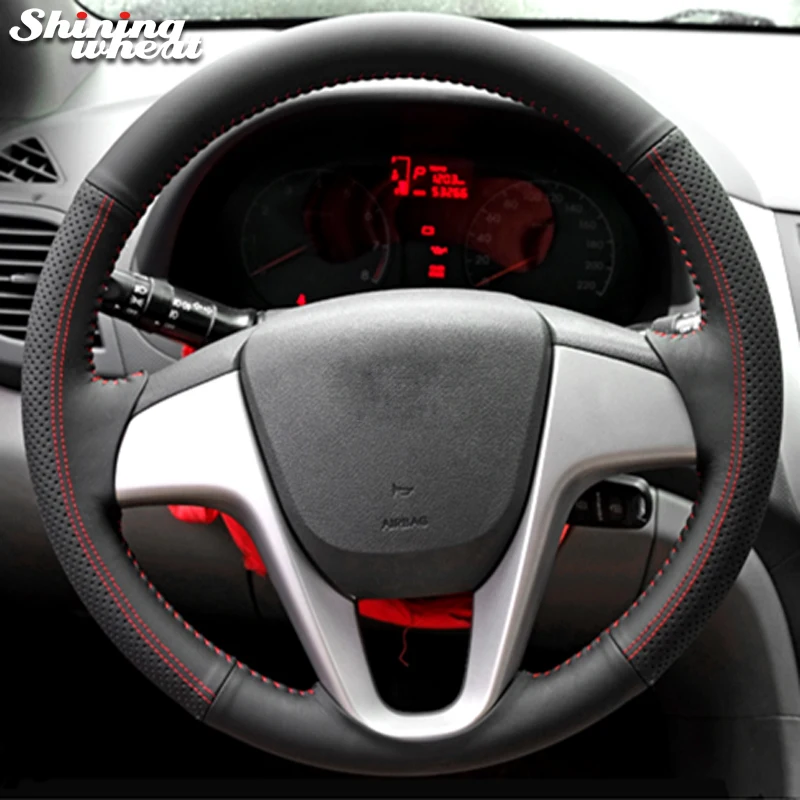 Shining wheat Black Genuine Leather Red Thread car Steering Wheel Cover for Hyundai Solaris Verna I20 Accent