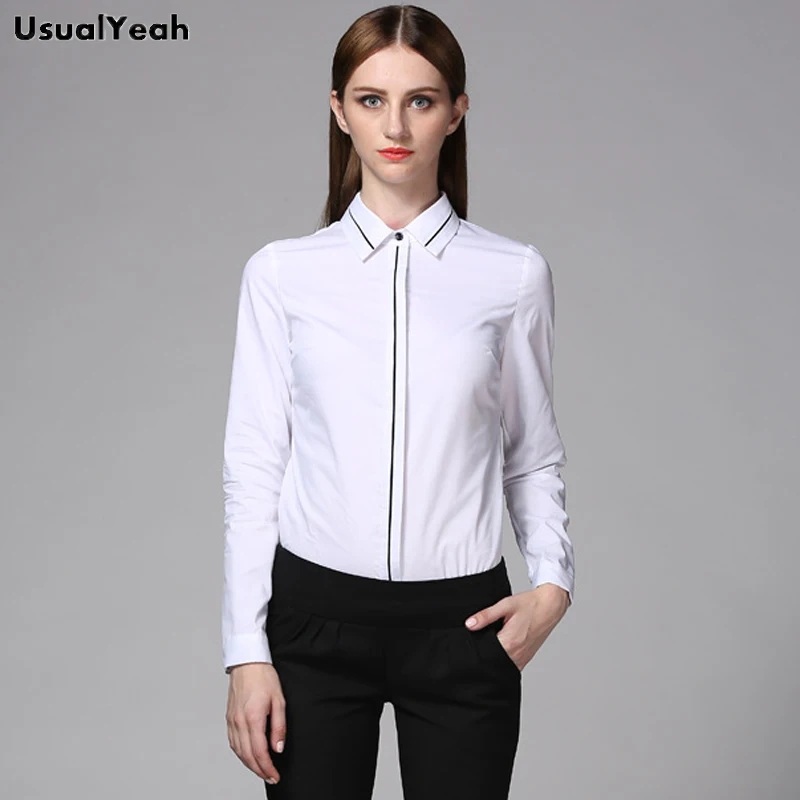 UsualYeah  New Women Fashion OL Long Sleeve Body Shirt White Work Blouses Shirts Black Stripe Blusas Femininas S-XXL SY0325