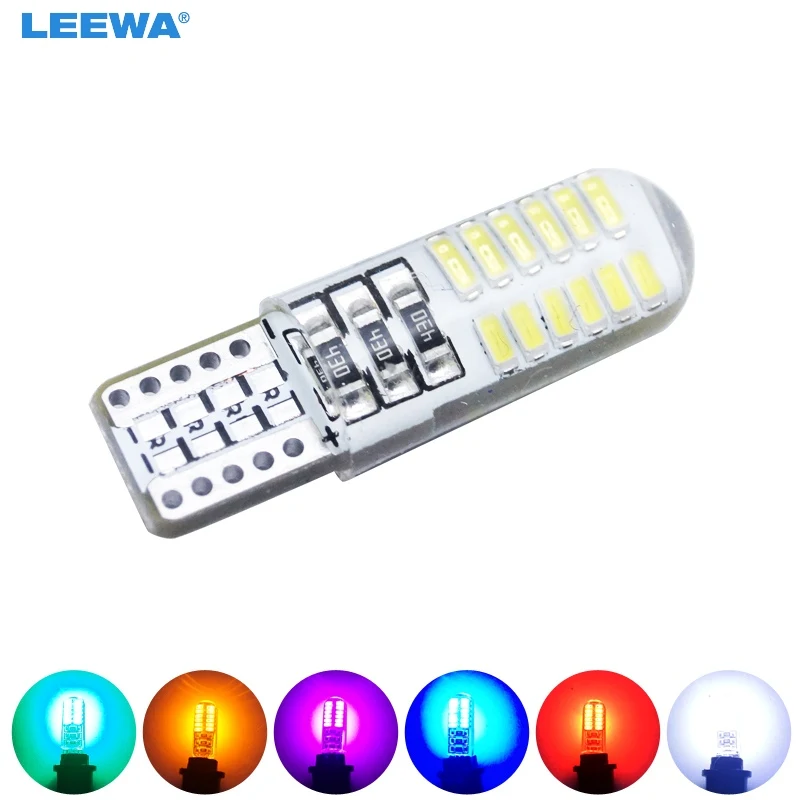 LEEWA 4pcs Car T10 194 168 W5W 3014 Chip 24SMD Silica Car LED Door License LED Light Bulb Wedge Light 6-Color  #CA4465