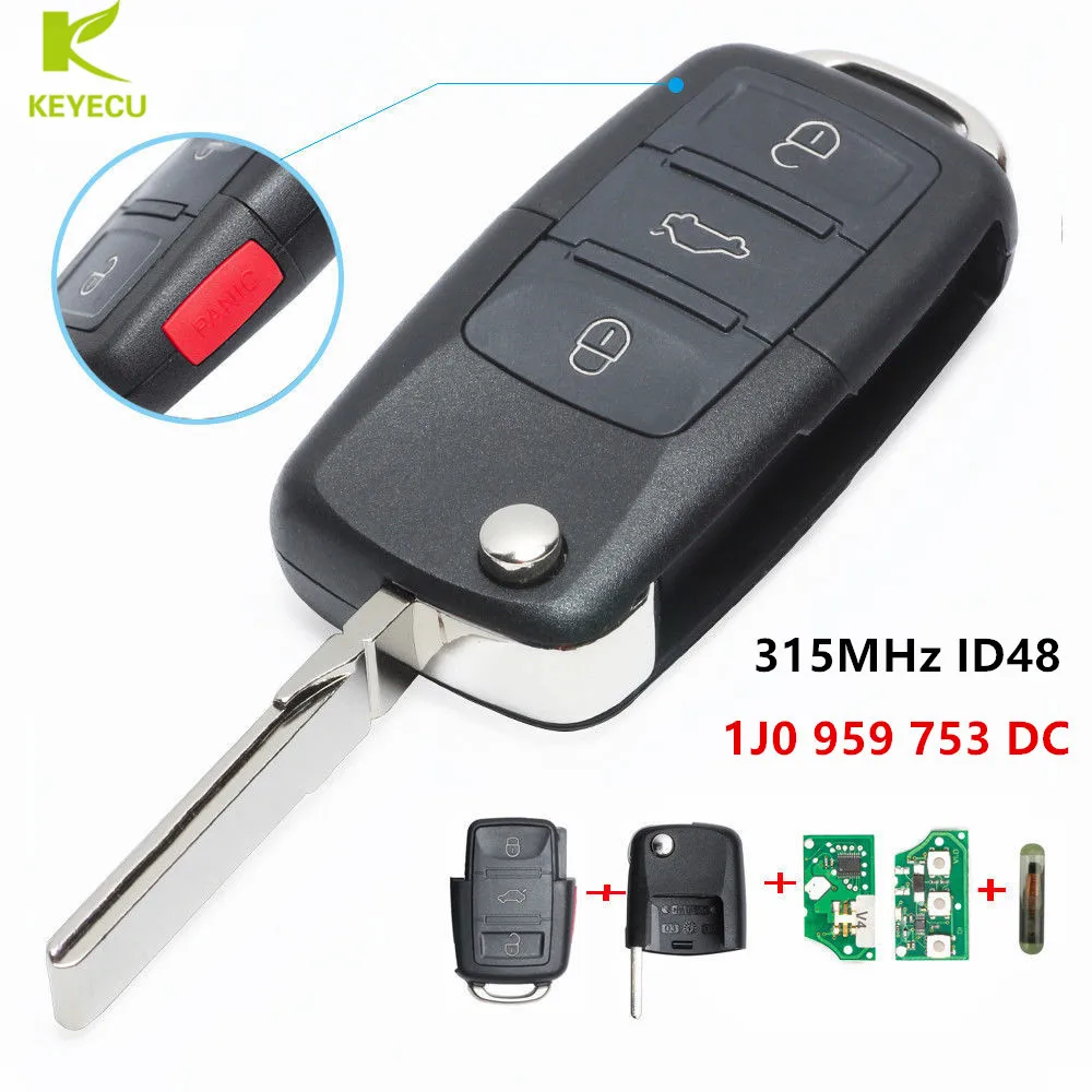 KEYECU Replacement Flip Remote Key 4 Button 315MHz ID48 for Volkswagen Beetle CC EOS G*TI Golf Passat J*etta Rabbit  1J0959753DC