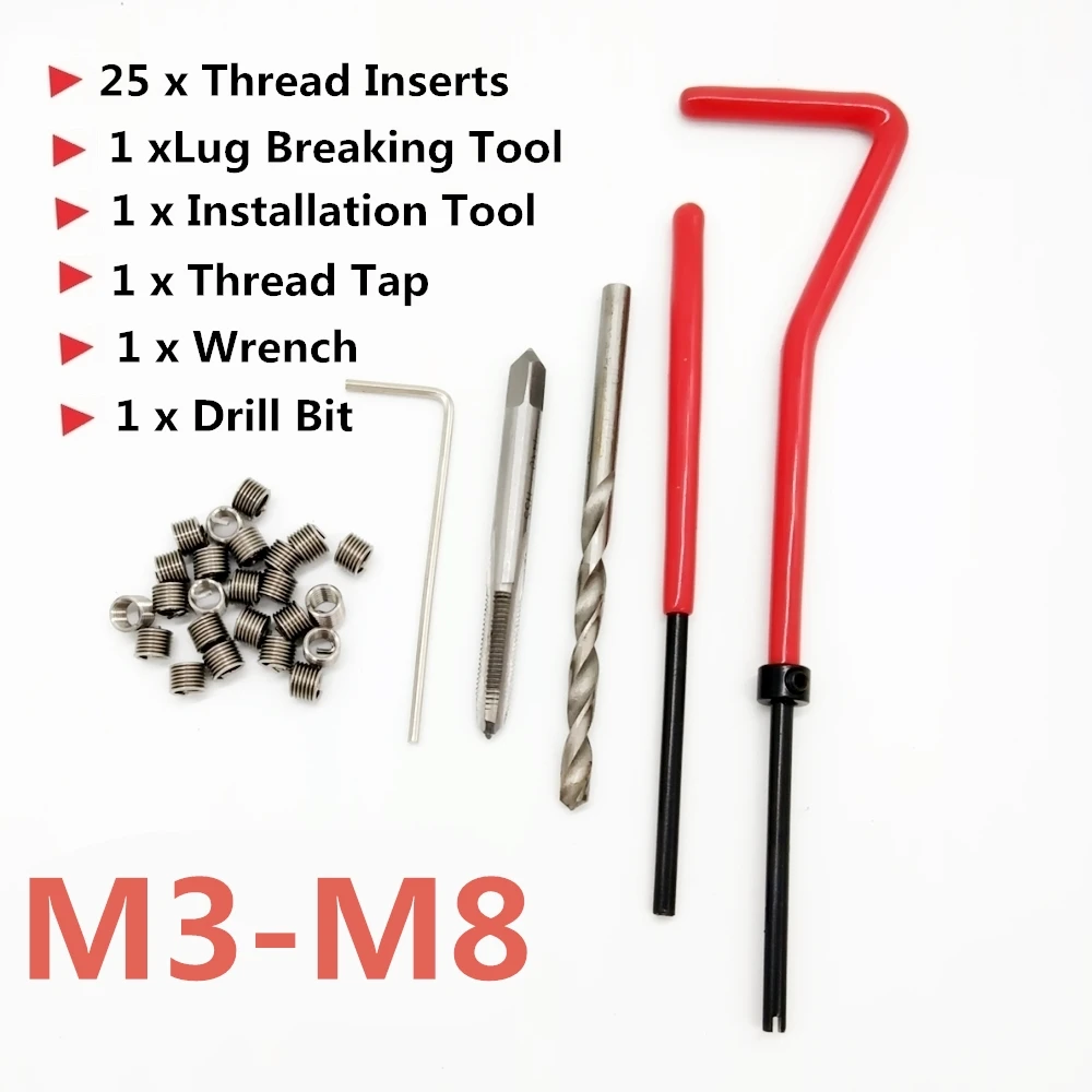 25Pc Car Engine Block Restoring Damaged Thread Repair Tool Kit M3 M4 M5 M6 M7 M8 Auto Helical Coil Insert Garage Tools