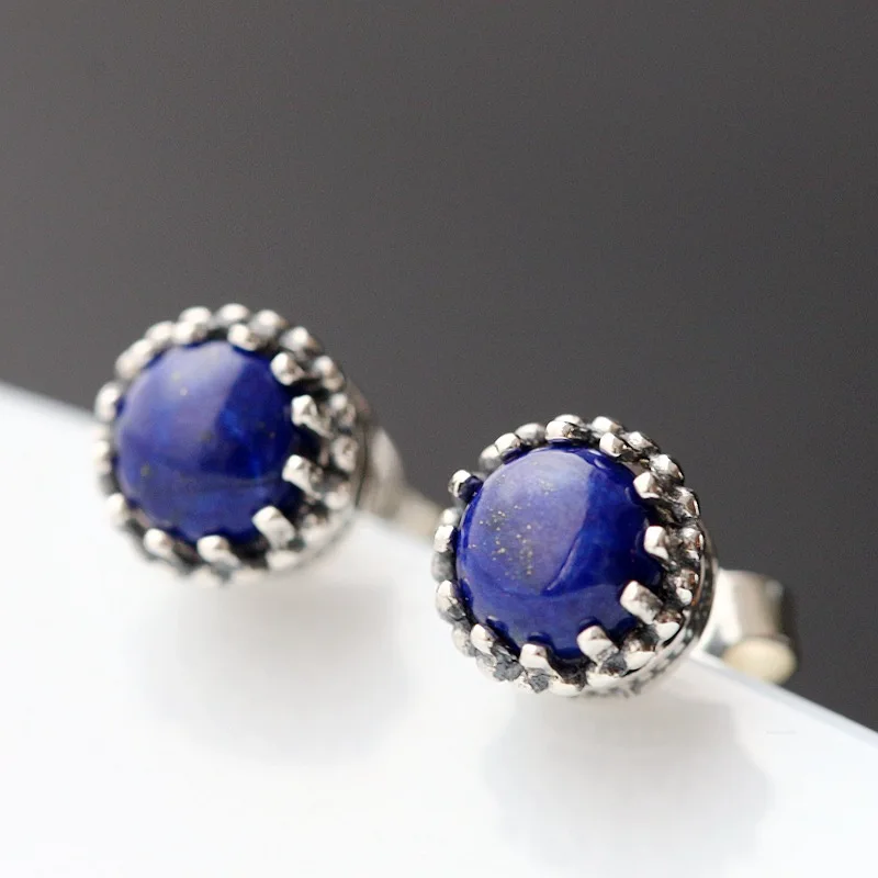 925 pure natural Lapis Inlay handmade Tremella nail Womens Silver Earrings