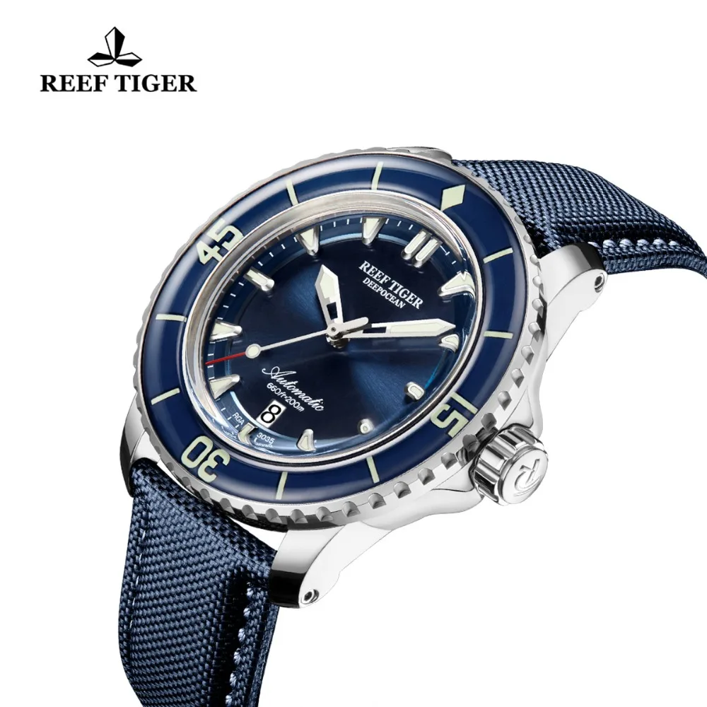 Reef Tiger/RT Super Luminous Dive Watch Mens Blue Dial Analog Automatic Watches Nylon Strap reloj hombre RGA3035